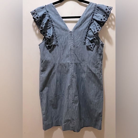 J. Crew Chambray ruffle-shoulder v neck sleeveless sheath dress blue 12 … - Picture 5 of 9